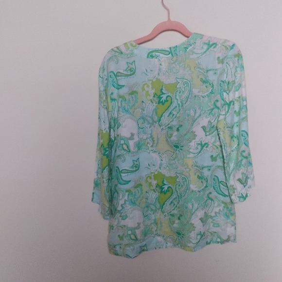Charter Club Green Linen Quarter Sleeve Split Neck Paisley Blouse Size Small - Picture 2 of 10